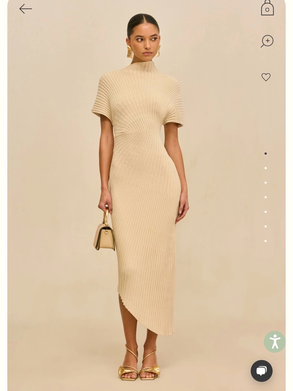 cult gaia chrysta tan asymmetrical mock neck ribbed knit midi dress size large